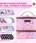 Holographic Pink Nail Polish Organizer Bag For 30 Bottles And UV Lamp Portable PU Leather Nail Tech Carrying Case Travel Nail Supplies Organizer With Elastic Pockets And Accessory Compartments, showing internal sections and storage capacity.