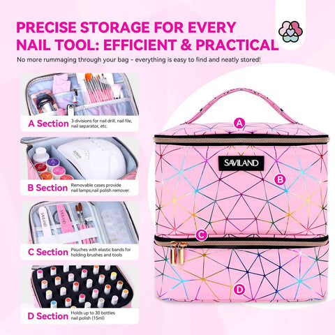 Holographic Pink Nail Polish Organizer Bag For 30 Bottles And UV Lamp Portable PU Leather Nail Tech Carrying Case Travel Nail Supplies Organizer With Elastic Pockets And Accessory Compartments, showing internal sections and storage capacity.