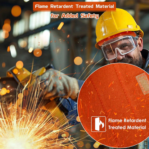 Construction worker using power tool with sparks and inserting Five Pack Hard Hat Sweatband Set Washable Replacement Liners Made From Flame Retardant Cotton For Welding Helmets Construction Hats And Chainsaw Gear Soft Absorbent Comfort Easy To Clean Durable And Reusable Go To Worksite Essential flame-retardant liner in helmet