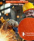 Worker wearing hard hat and goggles welding, inset shows flame retardant treated material. Hard Hat Sweatbands 2 Pack Washable.