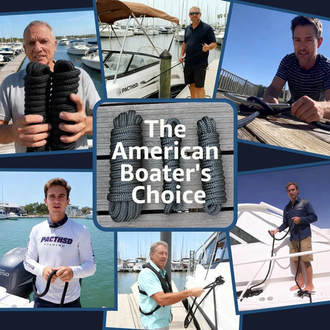 Collage of boaters holding Two Pack Double Braided Three Eighth Inch Dock Lines Nylon Boat Ropes in marina setting