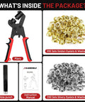 All In One Grommet Kit With 3/8 Inch Eyelets And Handheld Pliers 500 Pcs Including 250 Silver And 250 Gold Brass Grommets contents