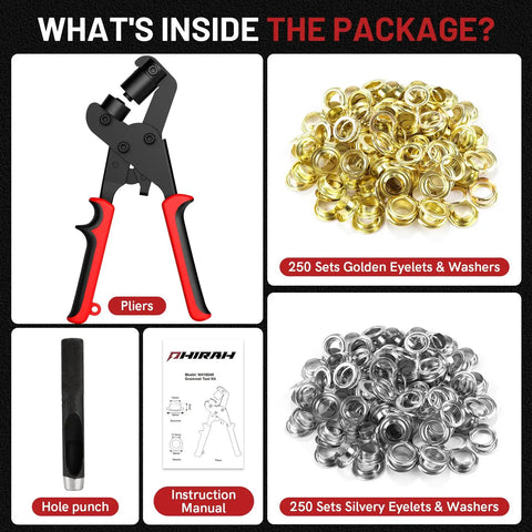 All In One Grommet Kit With 3/8 Inch Eyelets And Handheld Pliers 500 Pcs Including 250 Silver And 250 Gold Brass Grommets contents