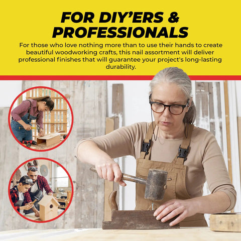 Woman using hammer with All Purpose Nail Set Bundle For DIYers Includes Finish Nails, Common Nails, Brad Nails, Wire Nails, And Picture Hanging Nails A Complete Woodworking Fasteners Kit For Home Improvement Projects And A Pro Finish.