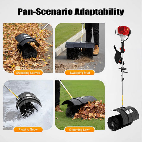 Zero Sweat Cleanup With This Gutsy 52cc Two Stroke Gas Powered Walk Behind Lawn Sweeper clearing leaves and mud.