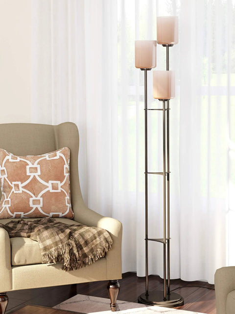 Tall Floor Lamp With Amber Glass Shades And Bronze Finish, Classic Traditional Style, 63.5-Inch Height in living room by chair