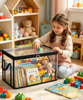 Store Your Stuff Like A Pro With These Sleek Clear Storage Bins Featuring Smooth Zipper Closures And Heavy Duty Reinforced Handles Perfect For Closet Tidying And Bedroom Sorting Made From Thick Transparent PVC To Straight Up Spot Everything Fast. A child playing with colorful blocks inside a clear storage bin in a bright room.