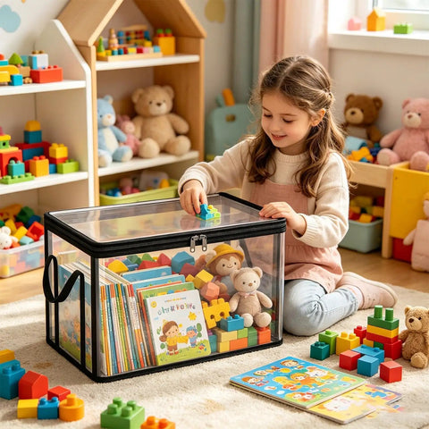 Store Your Stuff Like A Pro With These Sleek Clear Storage Bins Featuring Smooth Zipper Closures And Heavy Duty Reinforced Handles Perfect For Closet Tidying And Bedroom Sorting Made From Thick Transparent PVC To Straight Up Spot Everything Fast. A child playing with colorful blocks inside a clear storage bin in a bright room.