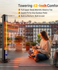 Infrared 1500W Outdoor Patio Heater Tower 42 Inch Tall With 9 Heat Settings And 9H Timer IPX5 next to seated woman with cat