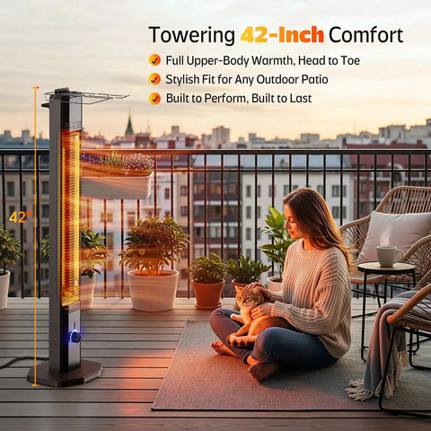 Infrared 1500W Outdoor Patio Heater Tower 42 Inch Tall With 9 Heat Settings And 9H Timer IPX5 next to seated woman with cat