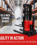 Heavy Duty Semi Electric Pallet Stacker with 3300 Pound Capacity and 95 Inch High Lift in aisle showing 55.5-inch turning radius.