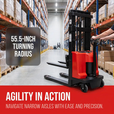 Heavy Duty Semi Electric Pallet Stacker Packs A Bombproof Carbon Steel Frame And A Sleek 1600W Motor For No Sweat Loading Action And Serious Warehouse Muscle While Smoothly Raising 3300 Lbs To Nearly Ten Feet
