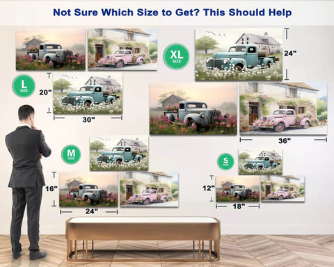 Size guide for Farmhouse Style Truck Wall Art Set Of 3, Rustic Old Truck Canvas Prints with floral accents for living room decor