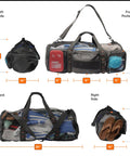 90L Mesh Duffle Bag for Scuba Gear and Snorkel Equipment, showing dimensions and front pockets, large capacity tote