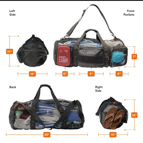 90L Mesh Duffle Bag for Scuba Gear and Snorkel Equipment, showing dimensions and front pockets, large capacity tote