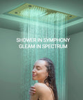 Premium Dual Head Rainfall Shower System With Twenty Six Custom Spray Settings Sweet Brushed Gold Finish, overhead view with water stream.
