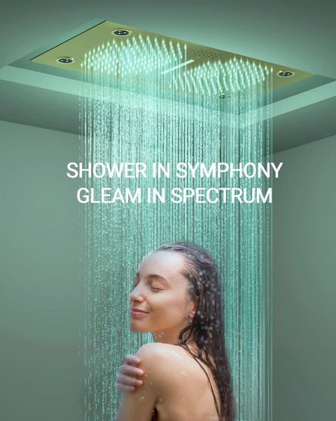 Premium Dual Head Rainfall Shower System With Twenty Six Custom Spray Settings Sweet Brushed Gold Finish, overhead view with water stream.