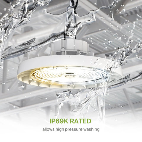 150W LED High Bay UFO Light For Warehouse, Garage And Workshop, Dimmable, IP69K Waterproof, 23600 Lumens in use