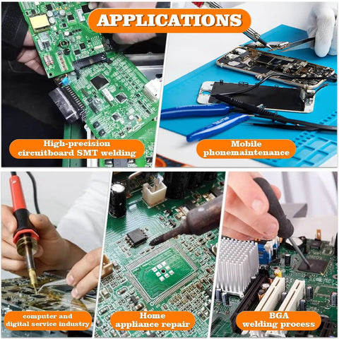 Collage of electronic soldering applications for No Clean Solder Flux Paste, Lead Free, 30mL With 2 Metering Tools.