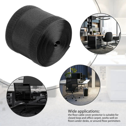 4 Inch By 30 Feet Floor Cord Cover For Carpet Black Cable Protector and Wire Management displayed and in office setups.