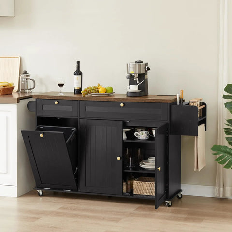 60 Inch Kitchen Island With Power Outlet And Drop Leaf featuring spice rack, towel rack, knife holder, and trash storage cabinet in kitchen.