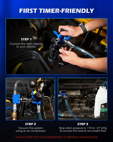 No Drama Coolant Vacuum Refill Kit With Dual Movement Gauge For Quick Radiator Fill and Snappy Engine Maintenance in use.