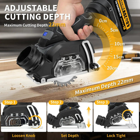 3 Inch Cordless Cut Off Tool And Brushless Mini Circular Saw With Two 4ah Batteries adjustable cutting depth of 22mm shown in use.