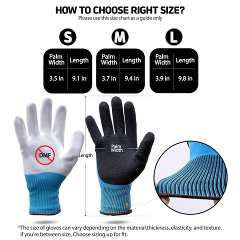 Size chart for Heavy Duty Insulated Electrical Work Gloves Featuring Beefy 400V High Voltage Shock Protection Plus No Fuss Waterproof Oil Resistant Coating.