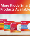 Kidde smart smoke detectors and alarms with app alerts and safety features displayed on a countertop.