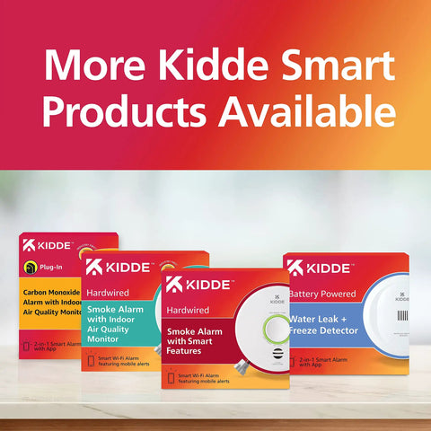Kidde smart smoke detectors and alarms with app alerts and safety features displayed on a countertop.