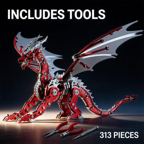 3D Metal Dragon Puzzle Kit For Adults High Detail with tools, red mechanical dragon model