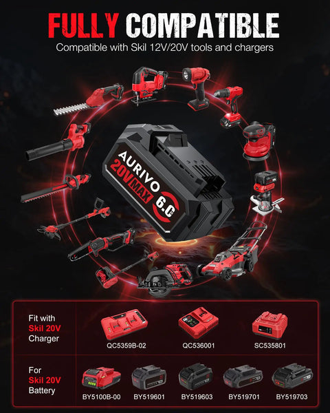 Heavy Duty 6.0Ah 20 Volt Lithium Ion Replacement Battery Designed For Skil Cordless Power Tools displayed with compatible tools.