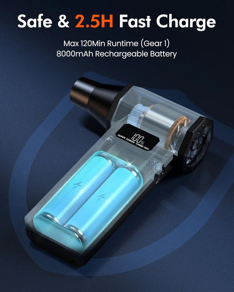 Powerful Electric Air Duster with 200000 RPM core motor, fast charging, and LED display showcasing compact design and battery
