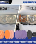 Car Headlight Restoration Kit With 3 Inch Lens Polishing Discs and Buffing Pads For Drill showing before and after results