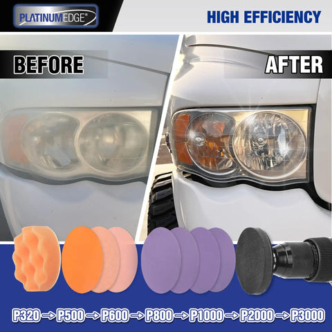 Car Headlight Restoration Kit With 3 Inch Lens Polishing Discs and Buffing Pads For Drill showing before and after results