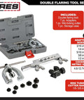 Heavy Duty Double Flaring Tool Set With Extra Adapters For Copper Aluminum Soft Steel Brake Lines And Brass Tubing Comes With Mini Tubing Cutter And Case Quarter Inch Five Sixteenths Inch Half Inch Three Sixteenths Inch And Three Eighths Inch Adapters displayed with open case and tools.