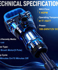 Technical specifications of Heavy Duty Electric Drum Barrel Pump For 55 Gallon Drums with 7.4 GPM flow rate and DC motor.