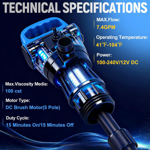 Technical specifications of Heavy Duty Electric Drum Barrel Pump For 55 Gallon Drums with 7.4 GPM flow rate and DC motor.
