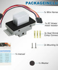 Package contents of Blower Motor Resistor Kit With Wiring Harness For Chevy GMC Rides, including AC resistor and connectors