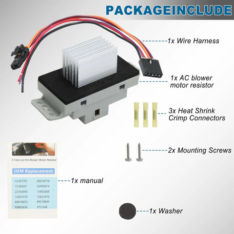 Package contents of Blower Motor Resistor Kit With Wiring Harness For Chevy GMC Rides, including AC resistor and connectors