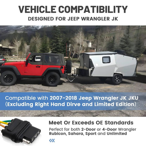 4 Pin Trailer Wiring Harness For Jeep Wrangler JK JKU 2007 2018 Plug And Play T Connector attached to Jeep towing trailer