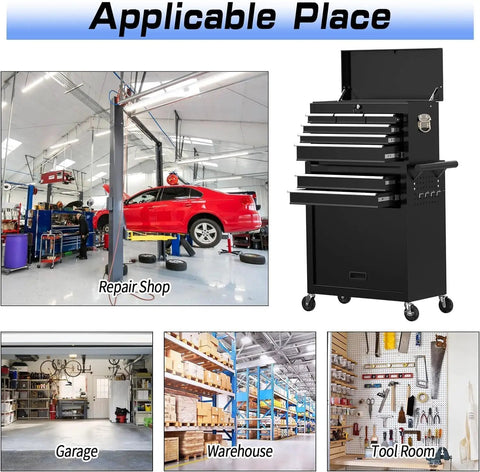 Beefy Eight Drawer Rolling Tool Chest With Lockable Wheels And 2 In 1 Portable Toolbox Organizer High Capacity Storage Cabinet For Garage And Workshop Top Layer And Bottom Cabinet With Hanging Hooks shown in repair shop, garage, warehouse, tool room.