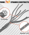 Beefed Up 7x7 Stainless Steel Wire Rope Cable One Sixteenth Inch 328 Feet With 150 Crimping Sleeves strand detail