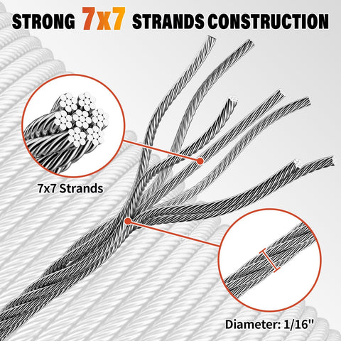 Beefed Up 7x7 Stainless Steel Wire Rope Cable One Sixteenth Inch 328 Feet With 150 Crimping Sleeves strand detail