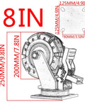 Heavy Duty Rubber Caster Wheels With Locking Brakes, 8-inch size with steel mount and dimensions labeled for warehouse use.