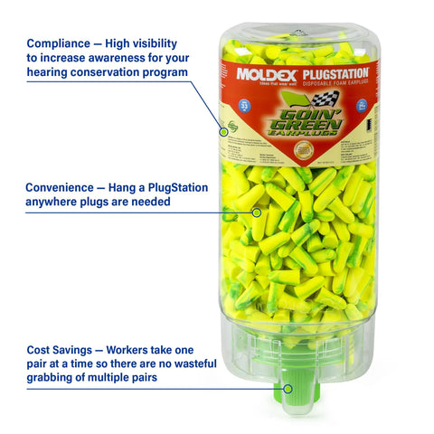 Goin' Green PlugStation Uncorded Disposable Foam Earplug Dispenser 6647 with high visibility and NRR 33dB rating
