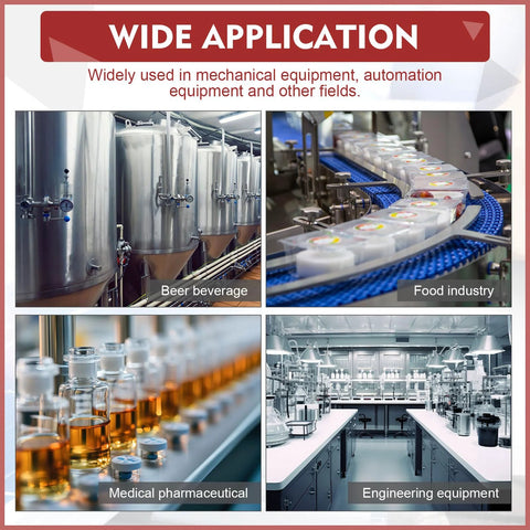 Industrial equipment collage showing beer brewery tanks, food packaging line, medical vials, and engineering lab setup