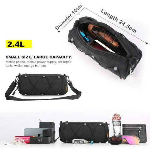 Open view of Bike Handlebar Bag Front Bag Frame Storage Roll Bag For Mountain And Road Bikes Commuters Grab And Go Storage, showing 2.4L capacity.