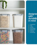 Big Five Point Three Liter Airtight Food Storage Canisters Four Pack with various pantry staples on white shelves