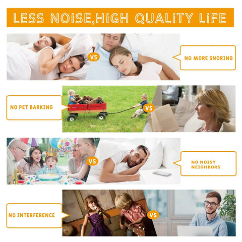 Comparison image showing various noisy situations versus using 200 Pair Pack Ultra Soft Corded Foam Ear Plugs For Sleeping All Night And Loud Noise Reduction.